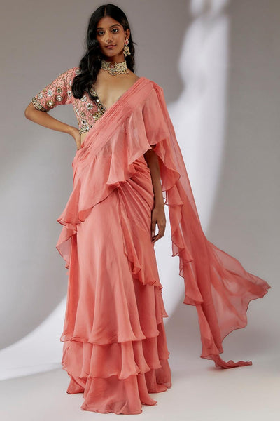 Peach pre draped ruffle saree