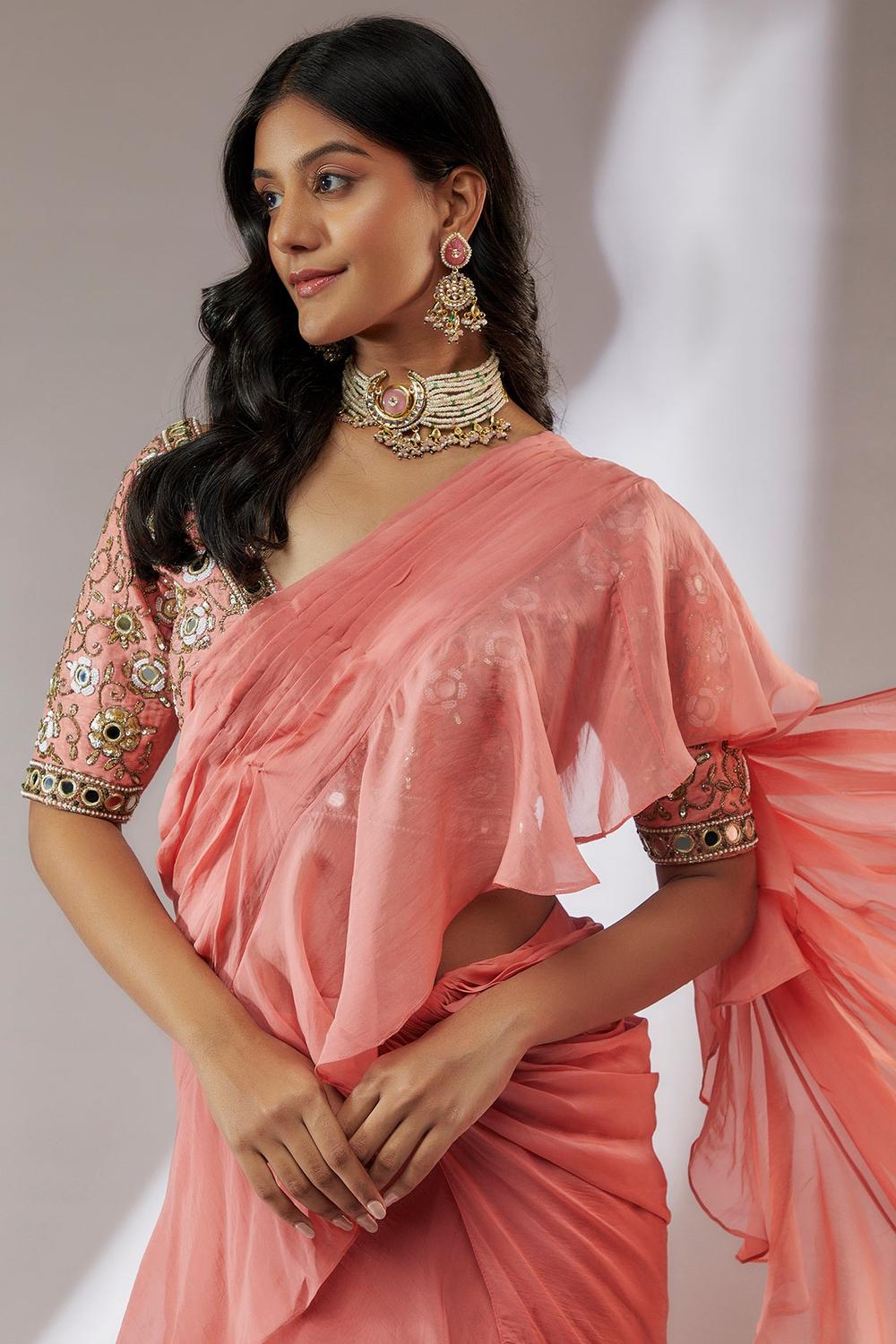 Peach pre draped ruffle saree