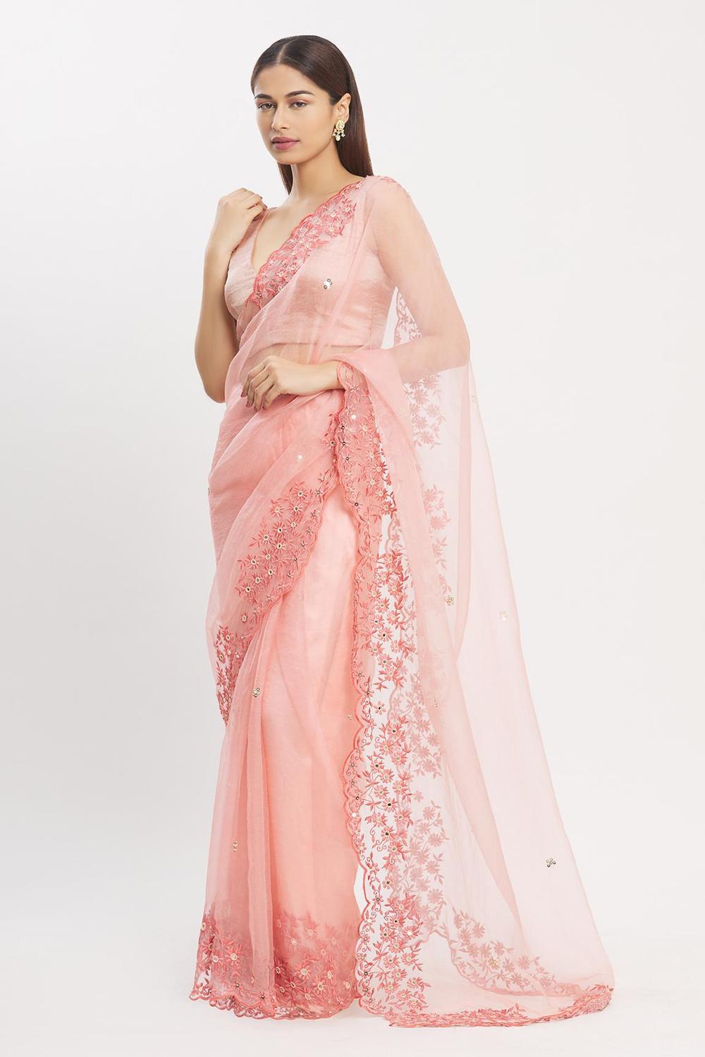 Peach Silk Organza Saree With Blouse