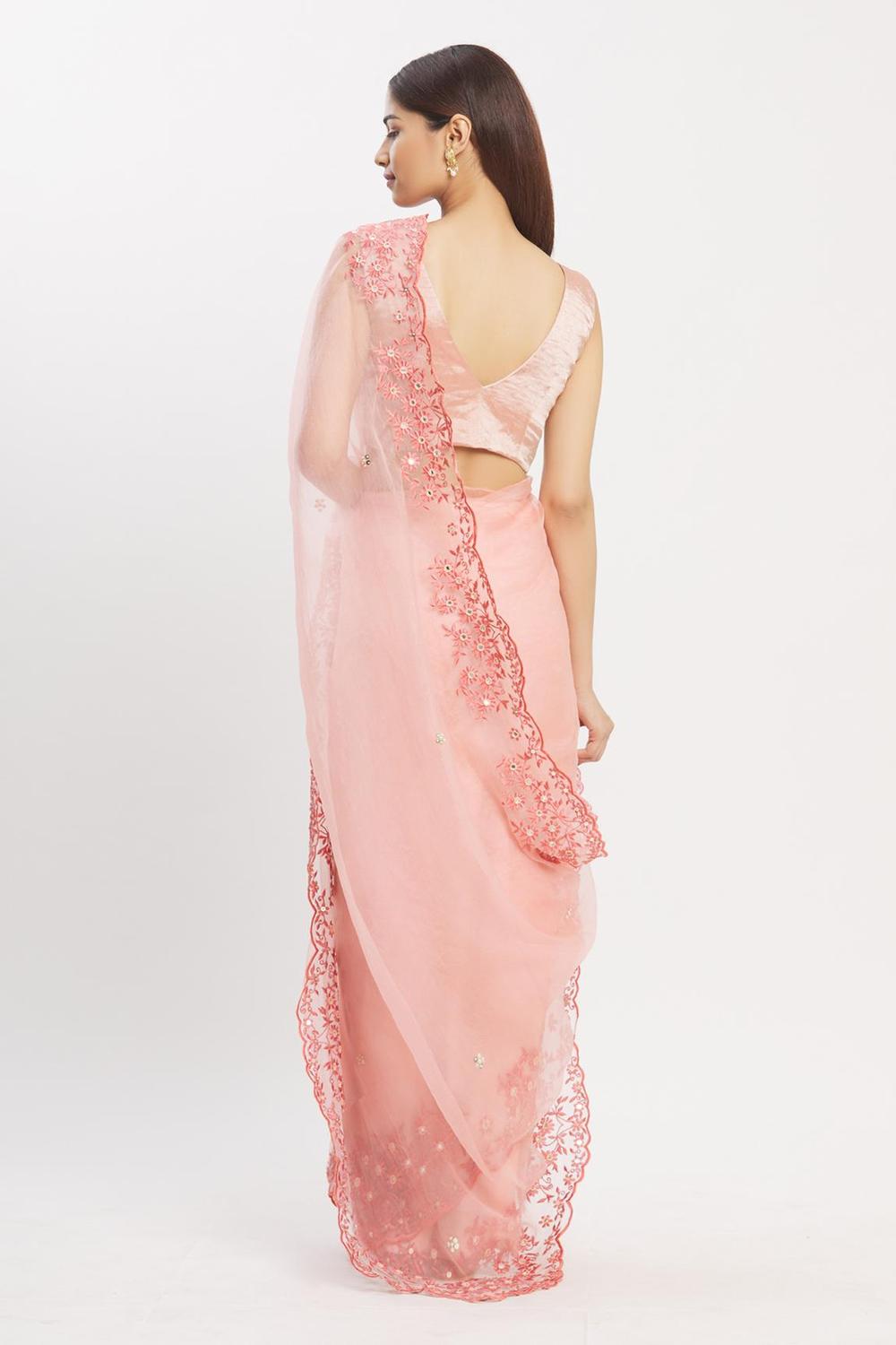 Peach Silk Organza Saree With Blouse