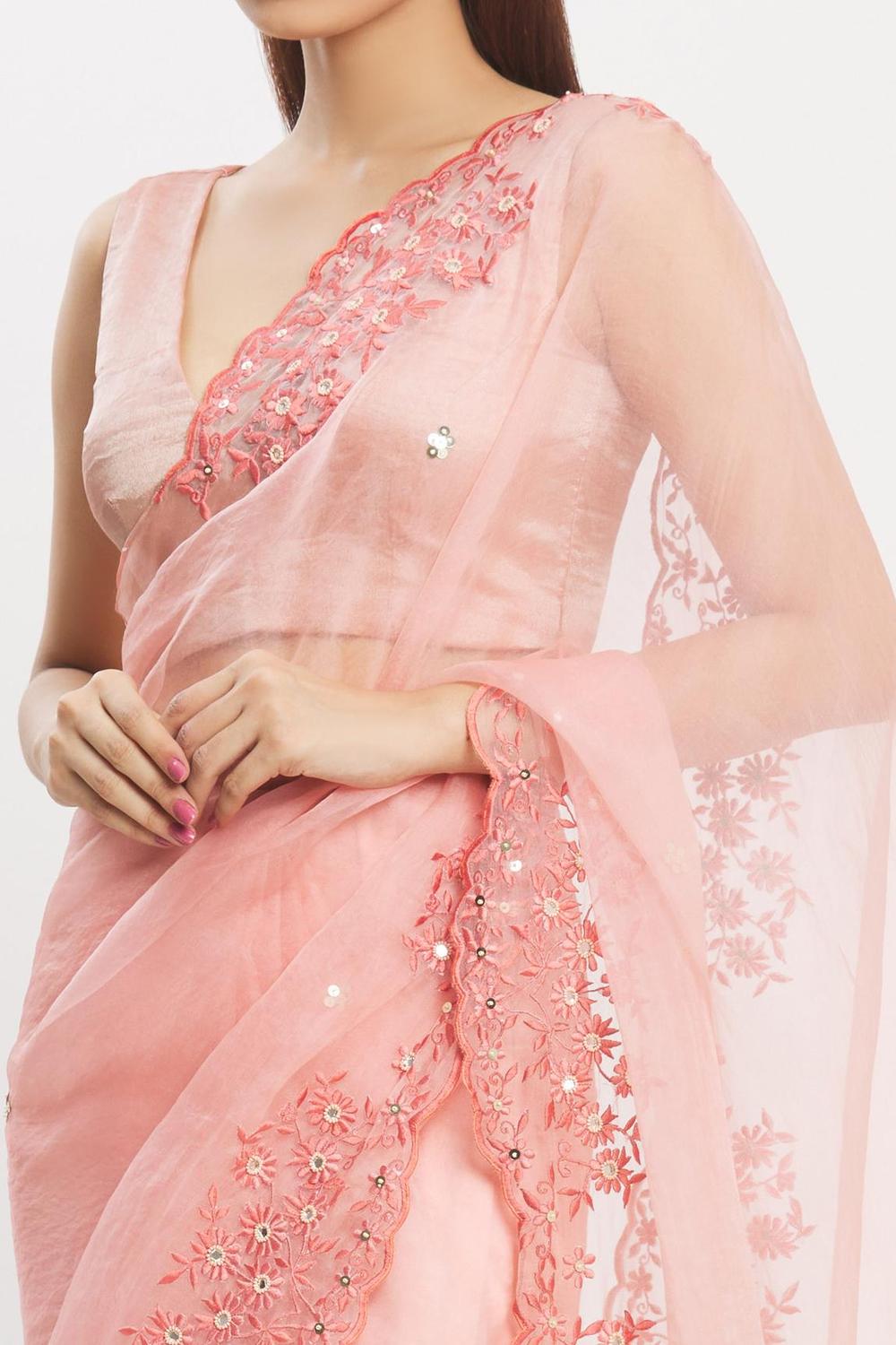 Peach Silk Organza Saree With Blouse