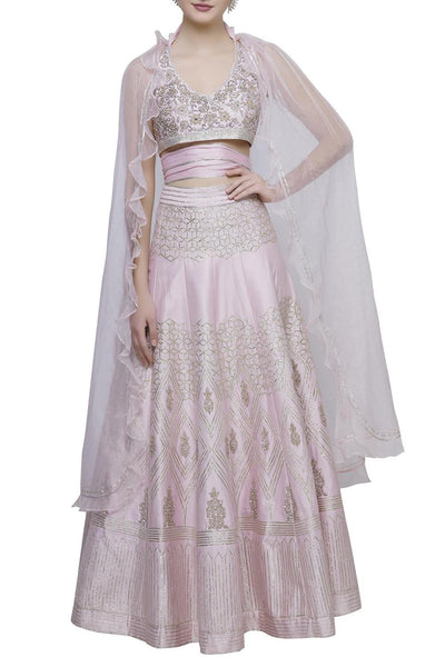 Pink Chanderi Cape Blouse With Lehenga