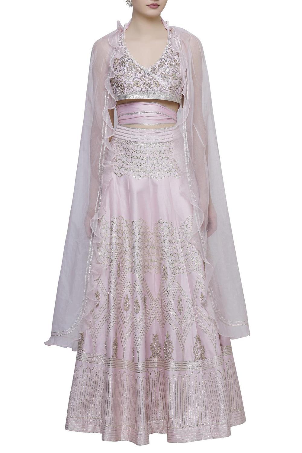 Pink Chanderi Cape Blouse With Lehenga