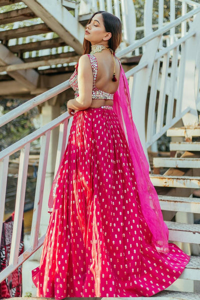 Pink Chanderi Mirror Work Lehenga Set