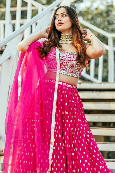 Pink Chanderi Mirror Work Lehenga Set