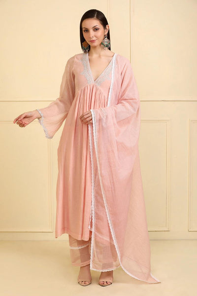 Pink Chanderi Silk Front Gather Kurta Pant Set