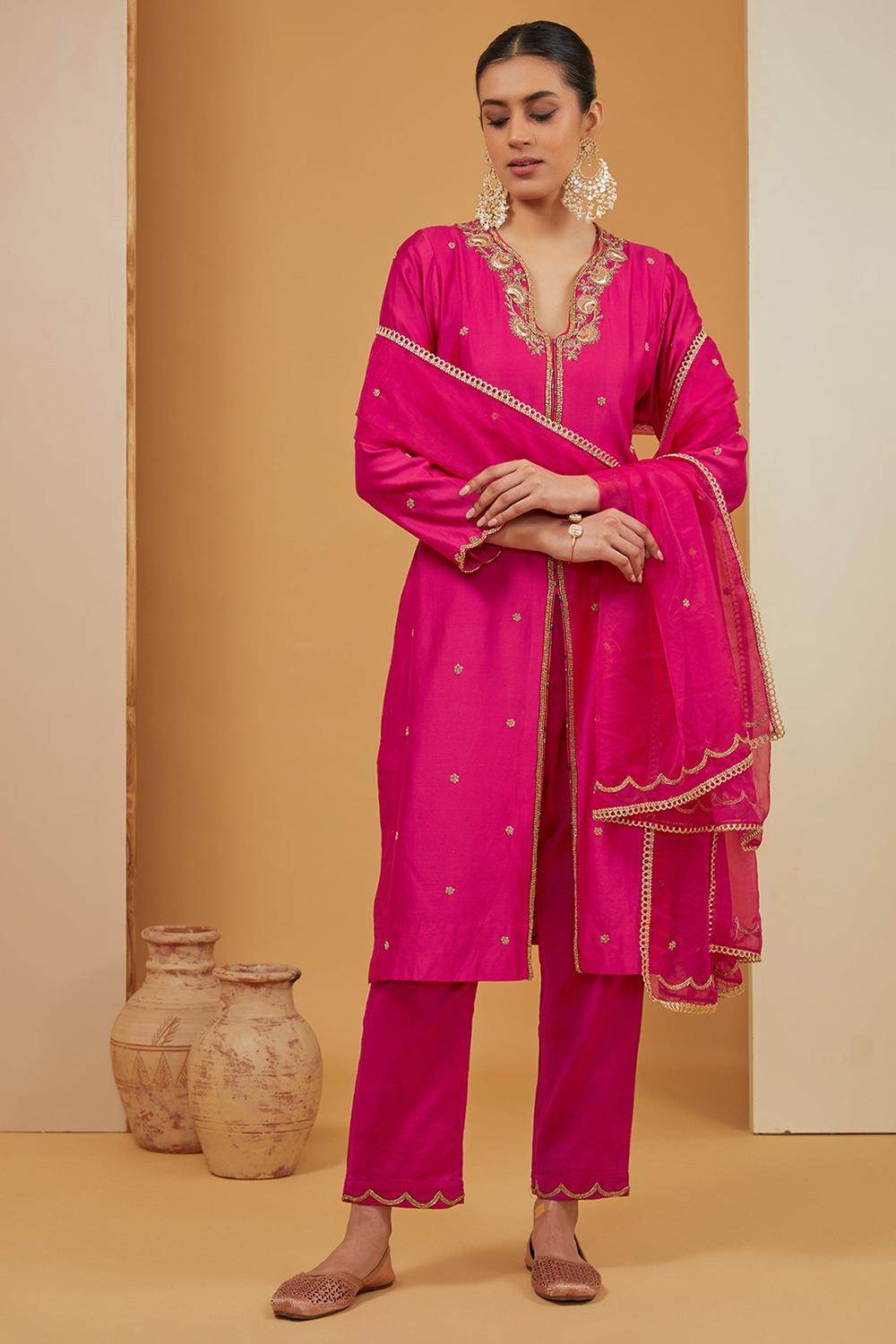 Pink Chanderi Silk Hand Embroidery Zari V Neck Kurta Pant Set For Women