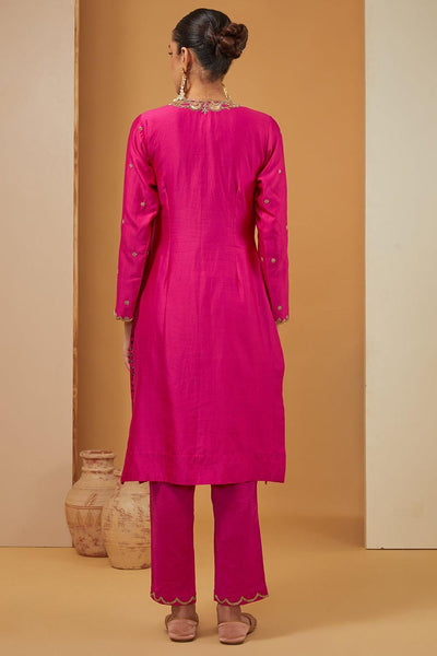 Pink Chanderi Silk Hand Embroidery Zari V Neck Kurta Pant Set For Women