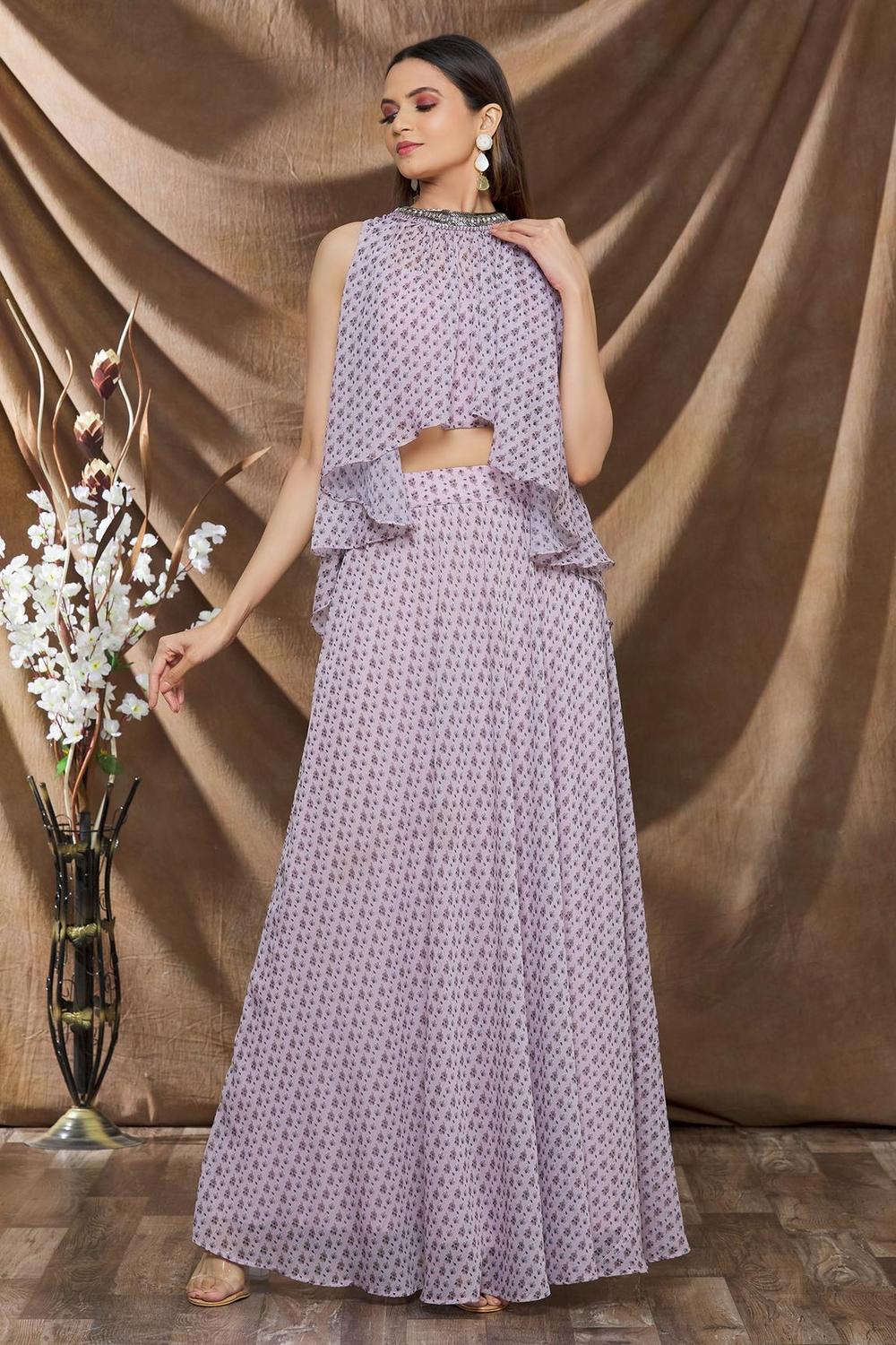 Pink Chiffon Floral Print Skirt Set - Main Image