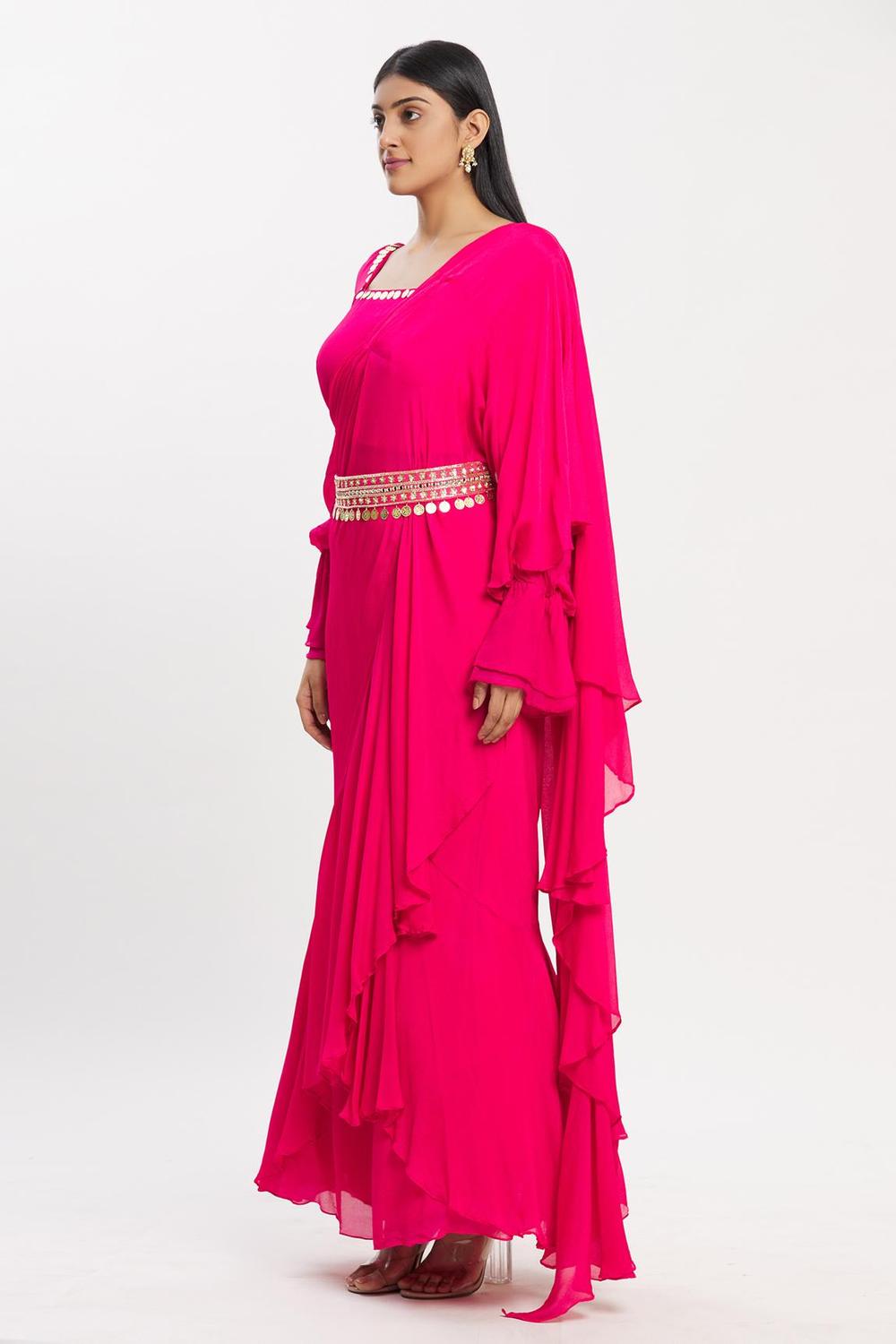 Pink Chiffon Ruffle Saree With Embroidered Blouse