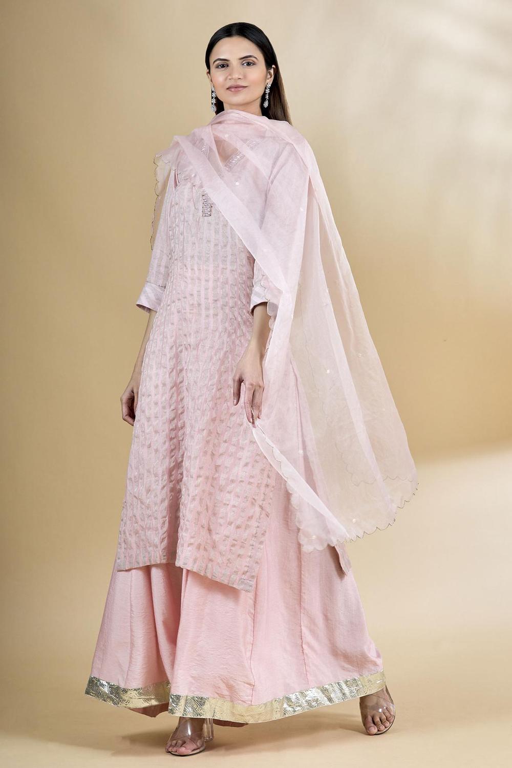 Pink Embroidered Chanderi Kurta Palazzo Set