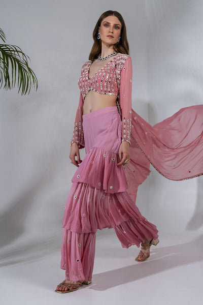 Pink Georgette Embroidered Jacket And Garara Set