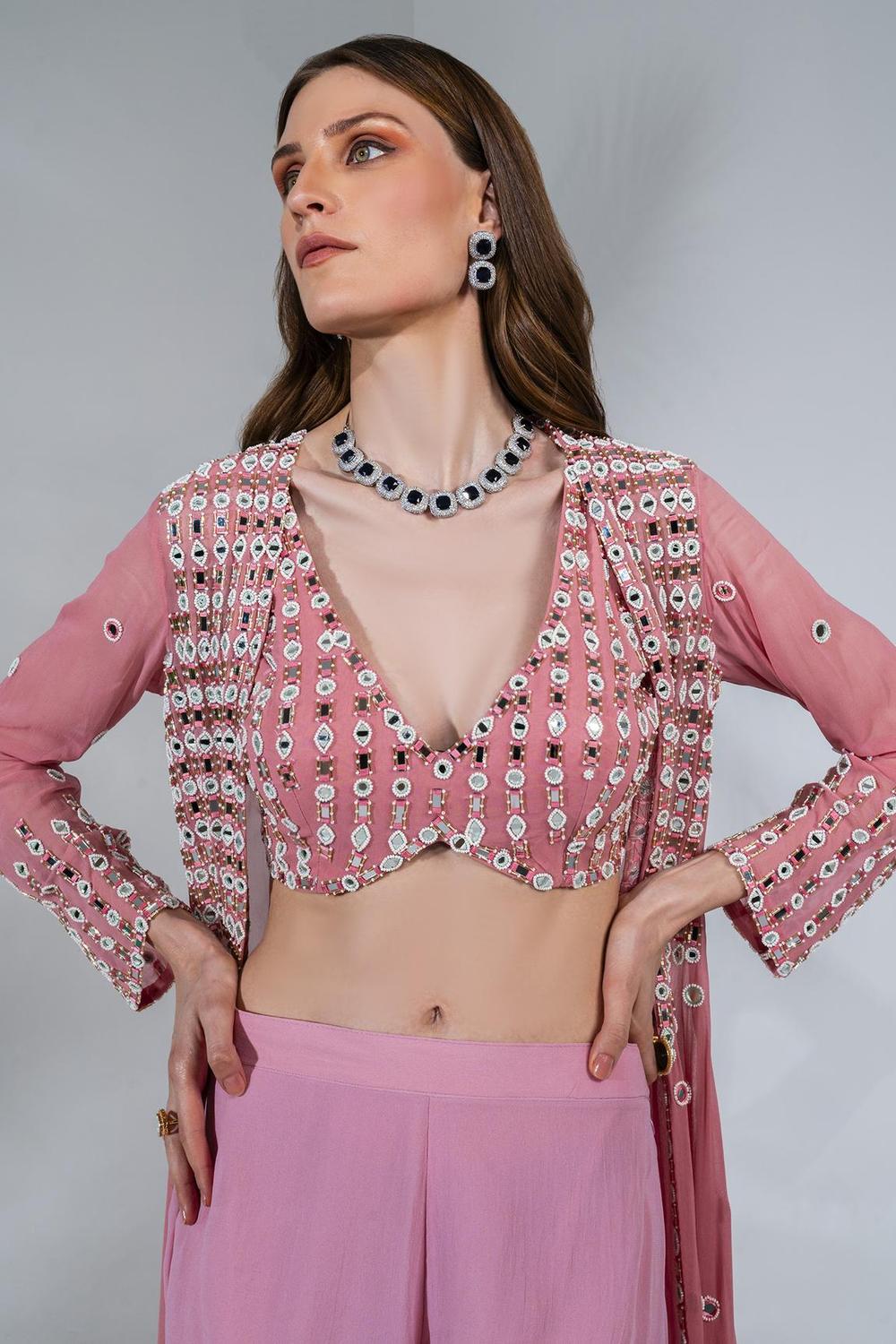 Pink Georgette Embroidered Jacket And Gharara Set