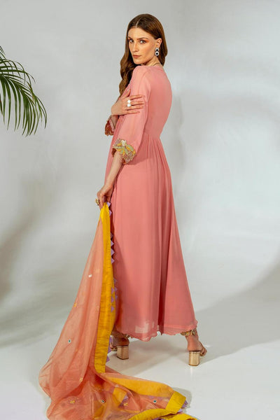 Pink Georgette Mirrorwork Yoke Anarkali Pant Set