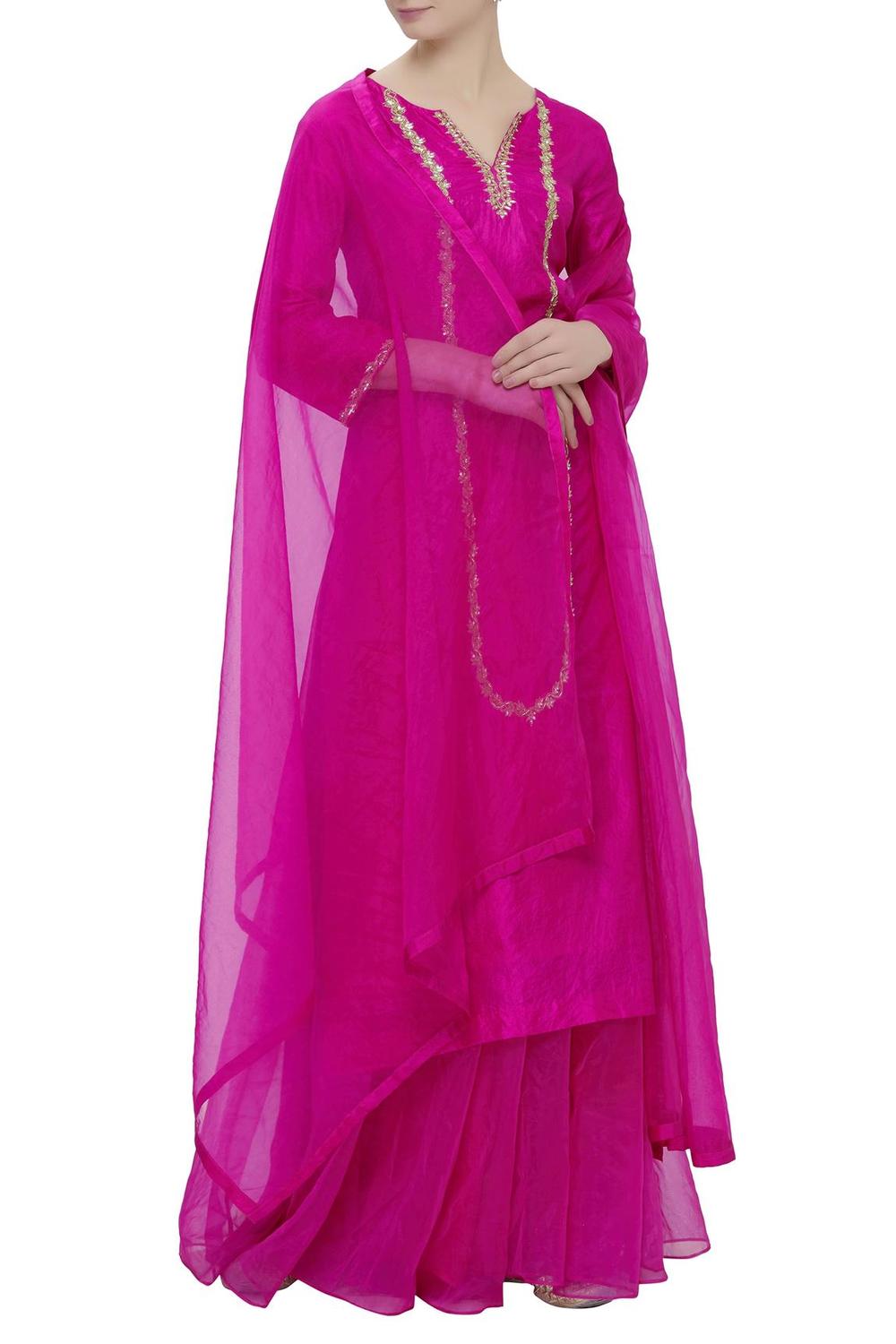 Pink Silk Embroidered Kurta Palazzo Set