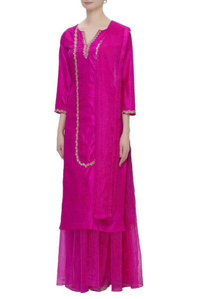 Pink Silk Embroidered Kurta Palazzo Set