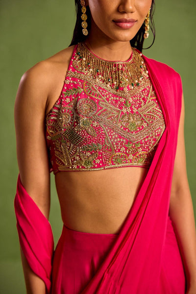 Pink Viscose Chinon Solid Pre-draped Saree With Dabka Embroidered Blouse