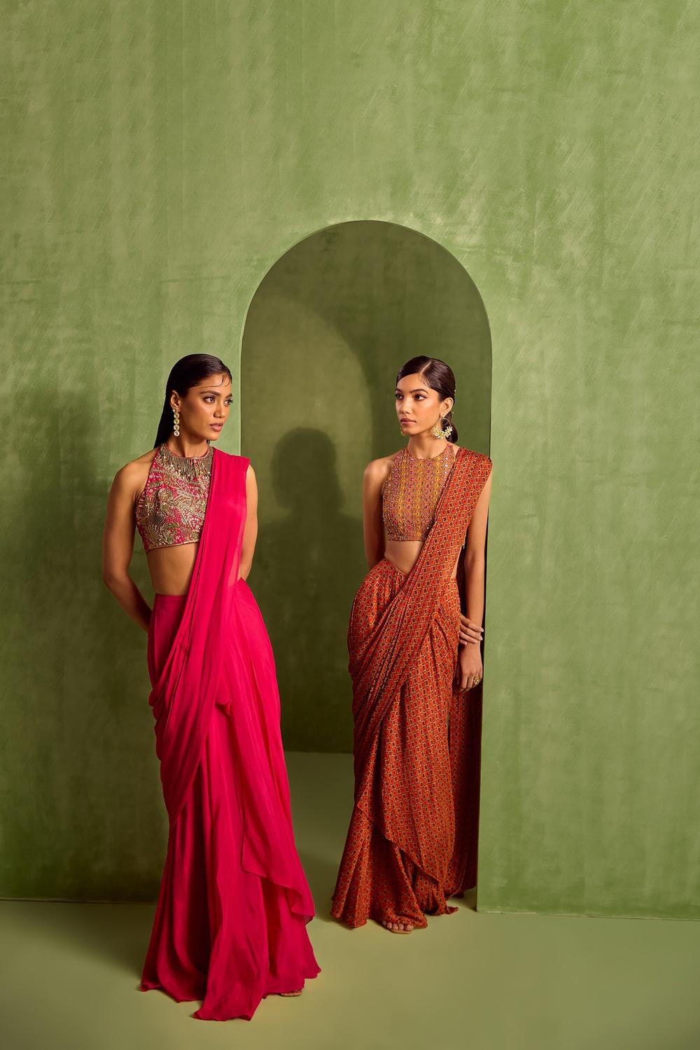 Pink Viscose Chinon Solid Pre-draped Saree With Dabka Embroidered Blouse