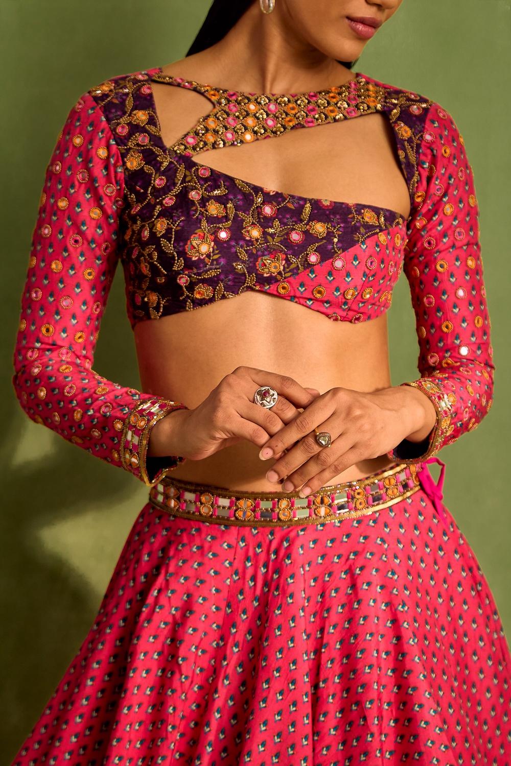 Pink Viscose Raw Silk Print Motif Asymmetric Cutwork Neck Lehenga And Blouse Set