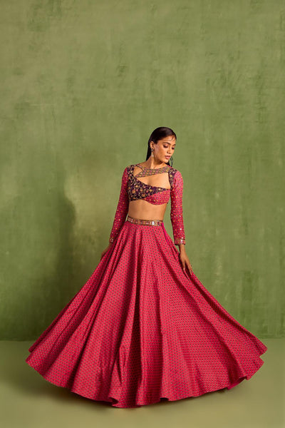 Pink Viscose Raw Silk Print Motif Asymmetric Cutwork Neck Lehenga And Blouse Set