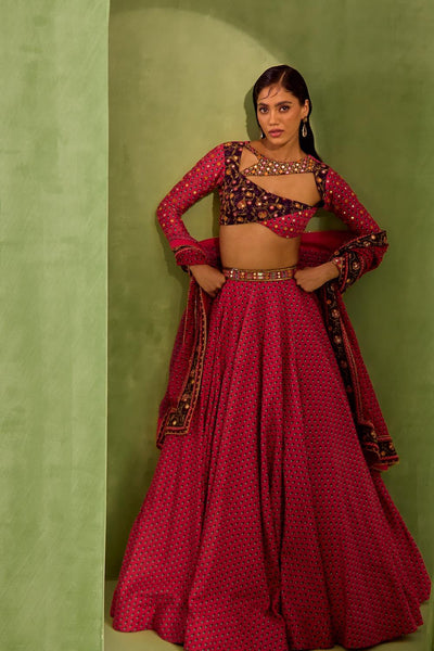 Pink Viscose Raw Silk Print Motif Asymmetric Cutwork Neck Lehenga And Blouse Set