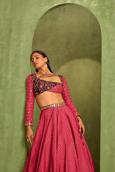 Pink Viscose Raw Silk Print Motif Asymmetric Cutwork Neck Lehenga And Blouse Set