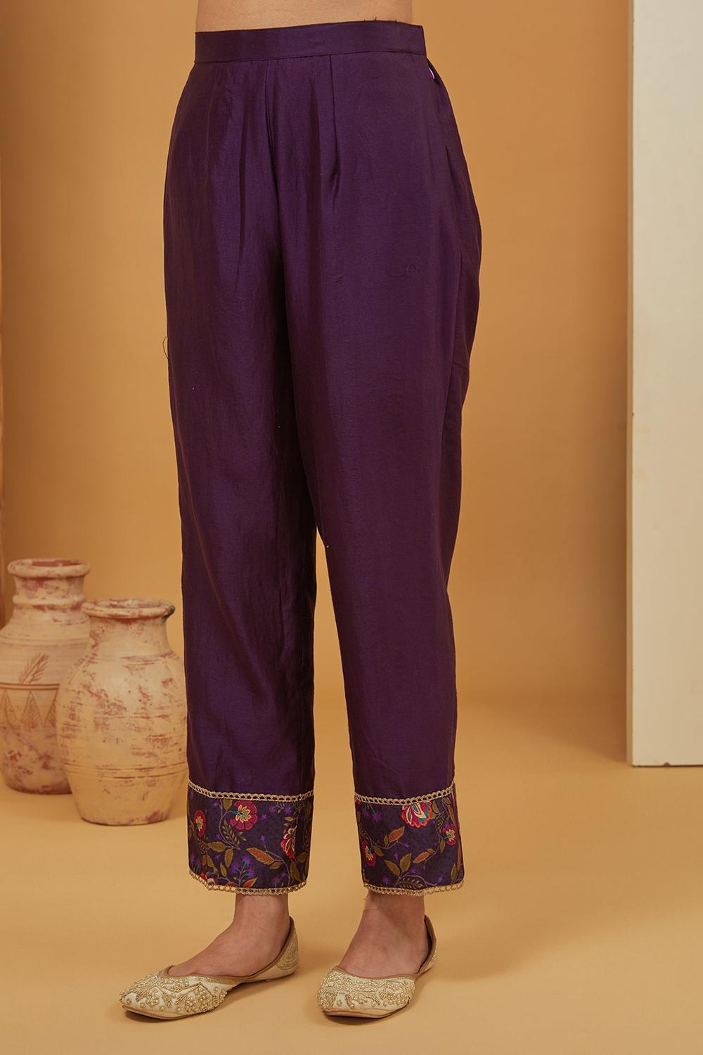 Purple Chanderi Silk Hand Embroidery Zari V Placement Kurta Pant Set For Women