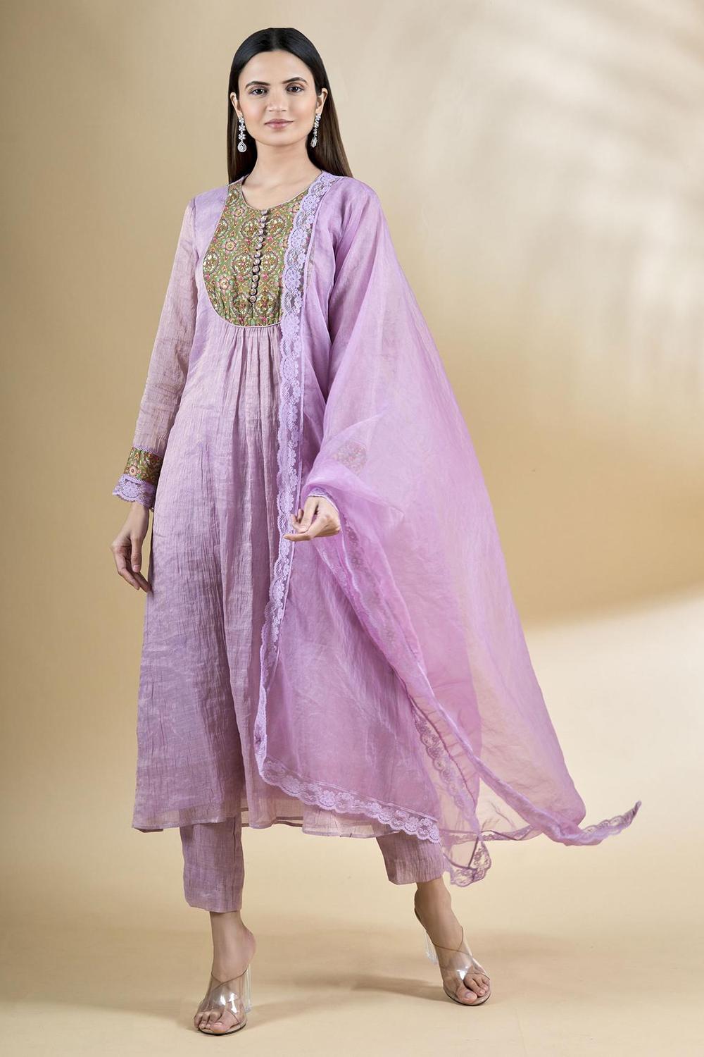 Purple Embroidered Chanderi Kurta Set