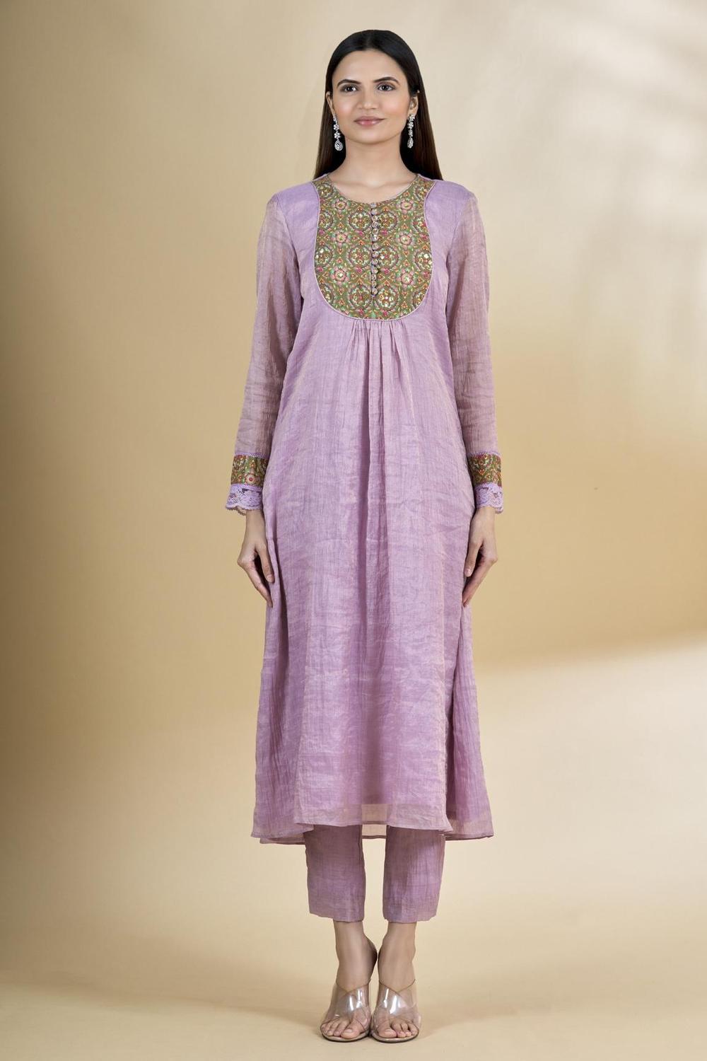 Purple Embroidered Chanderi Kurta Set