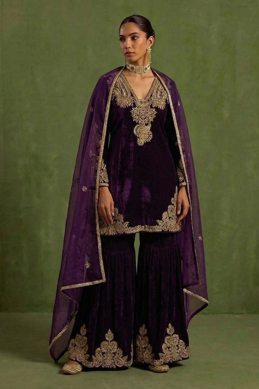 Purple Embroidered Sharara Set with Organza Dupatta