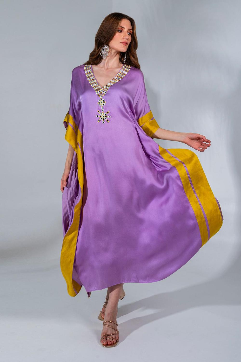 Purple Modal Satin Mirror Embellished Kaftan