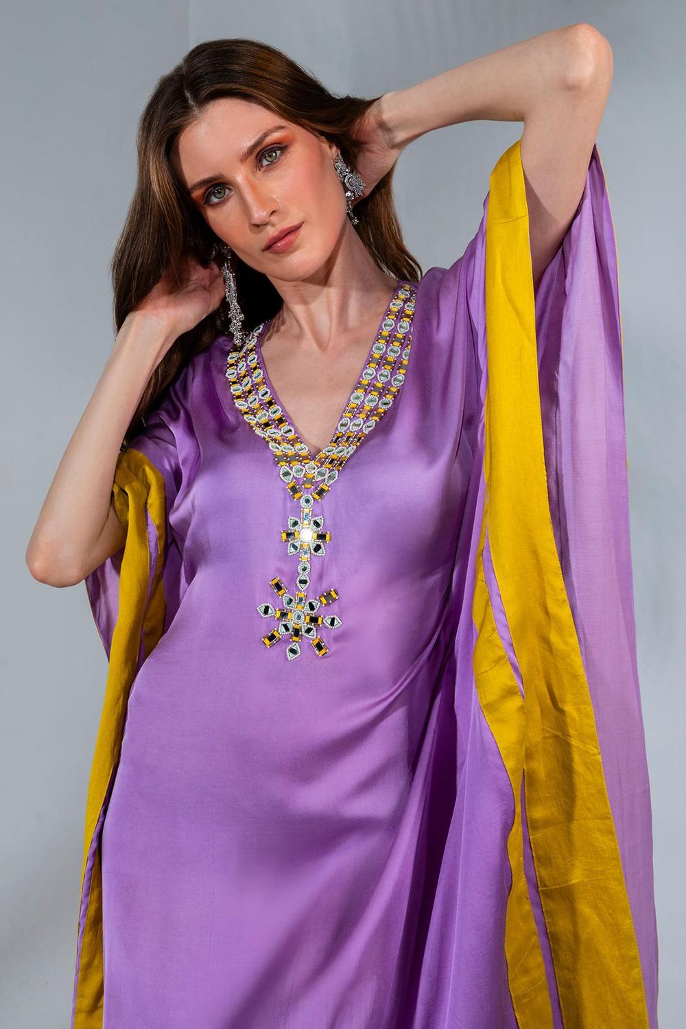 Purple Modal Satin Mirror Embellished Kaftan