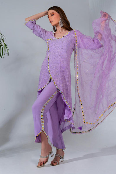 Purple Overlap Embroidered Kurta Set