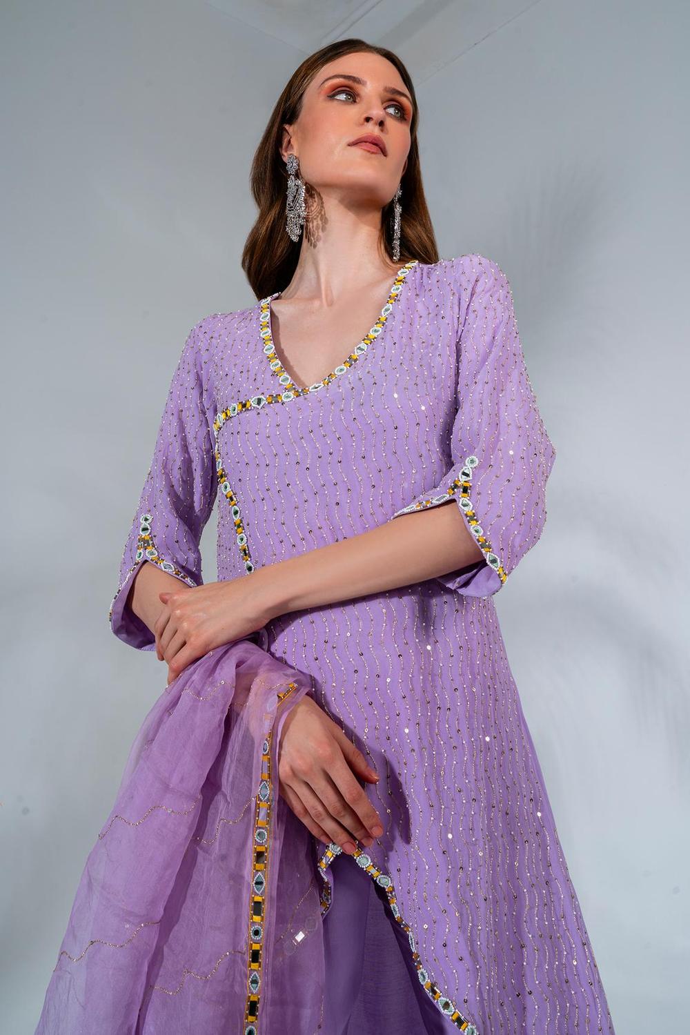 Purple Overlap Embroidered Kurta Set