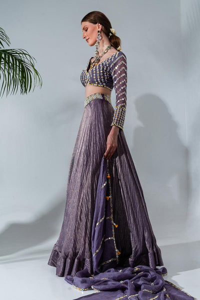 Purple Tissue Silk Mirrorwork Blouse Lehenga Set