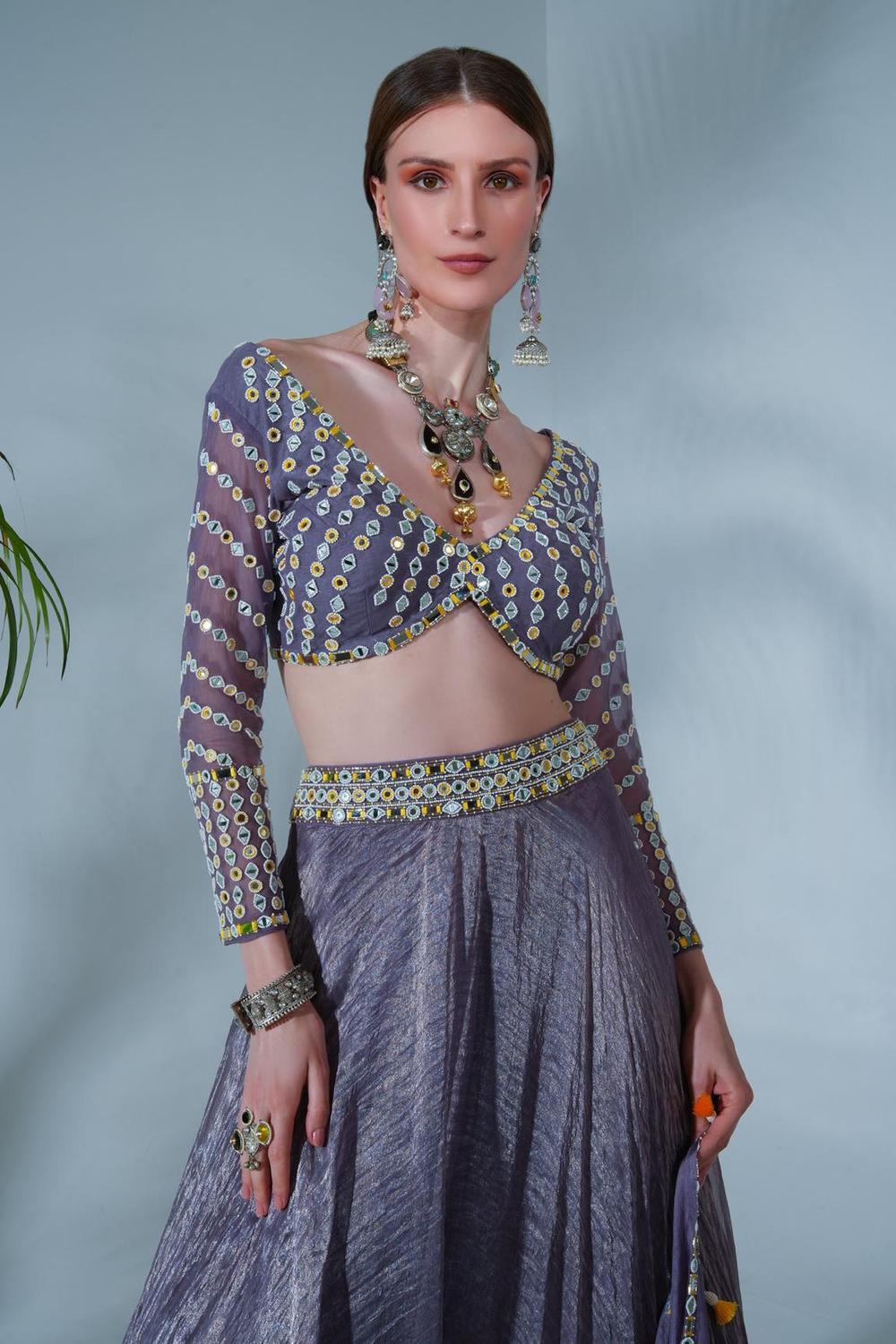 Purple Tissue Silk Mirrorwork Blouse Lehenga Set