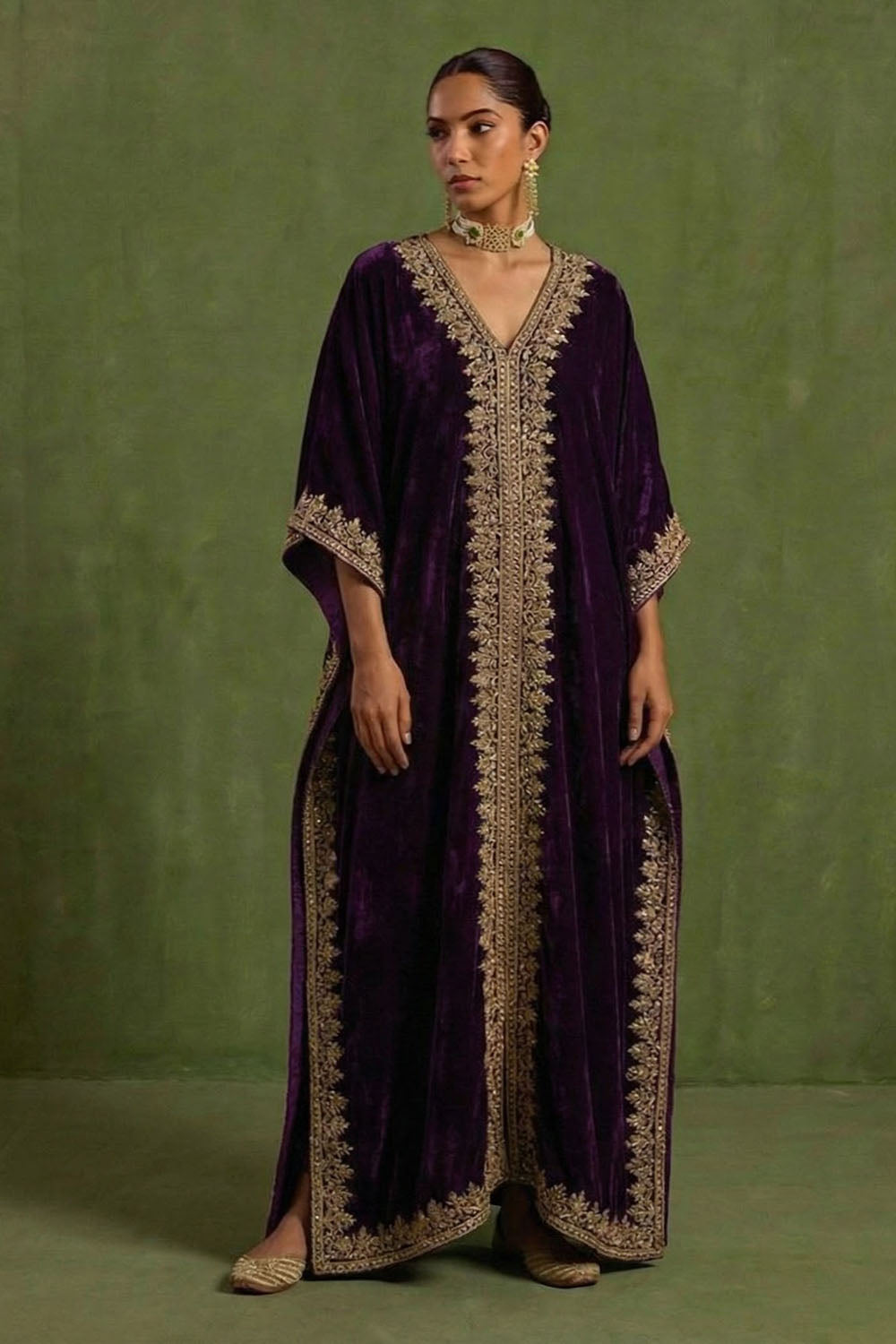 Purple Velvet Hand Embroidered Kaftan