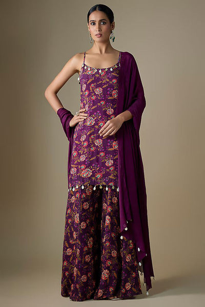 Purple Viscose Chiffon Geometric Printed Sharara Set