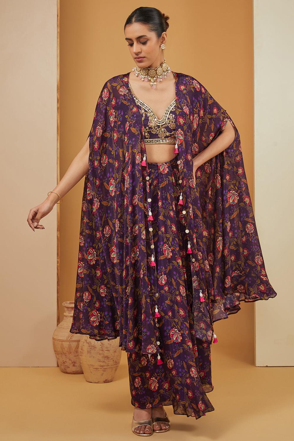 Purple Viscose Chinon Print Floral Bloom Cape Draped Skirt Set For Women