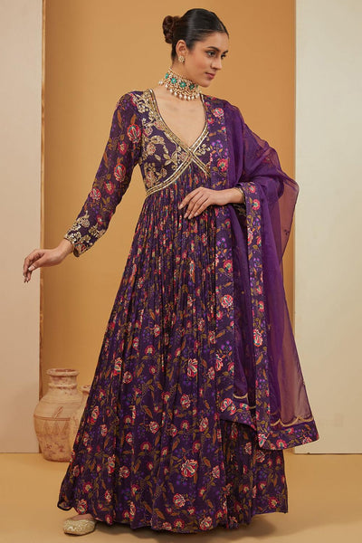 Purple Viscose Chinon Print Floral V Neck Bloom Anarkali With Dupatta For Women