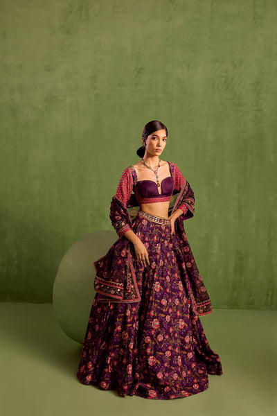 Purple Viscose Raw Silk Print Floral Sweetheart Neck Bloom Lehenga Set