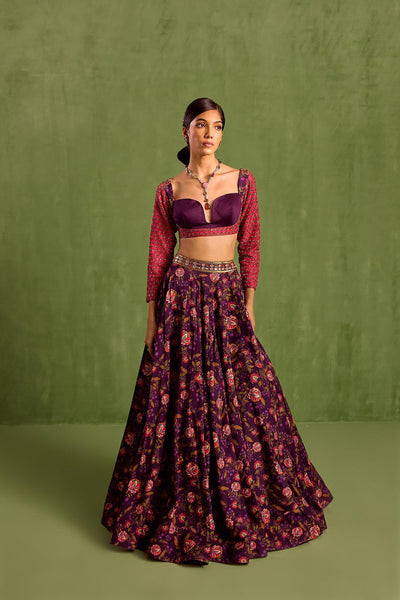 Purple Viscose Raw Silk Print Floral Sweetheart Neck Bloom Lehenga Set