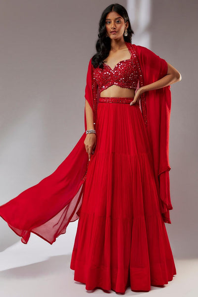 Red mirror Embroidered  cape lehenga set