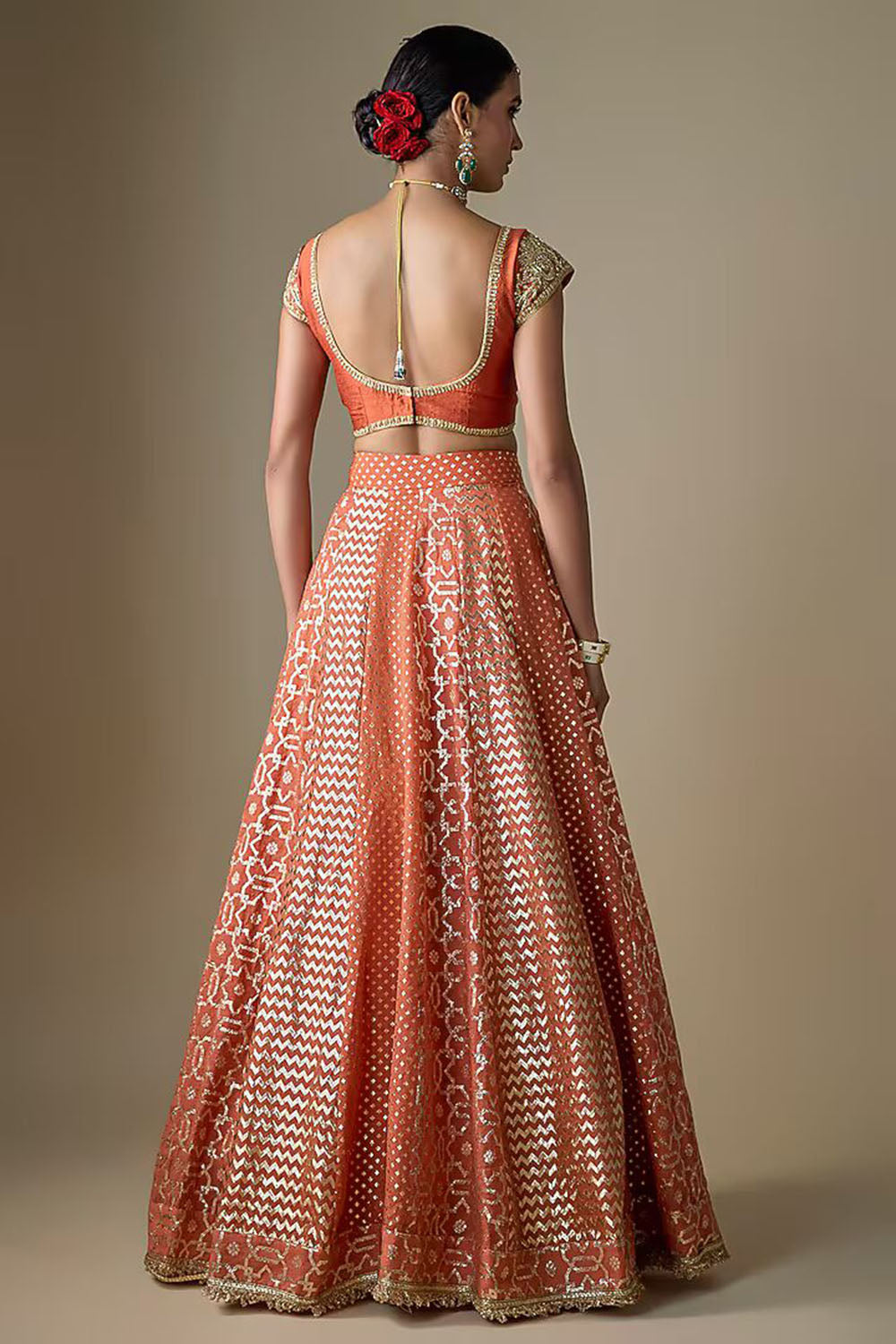 Rust Banarasi Chanderi Embroidered Lehenga Set