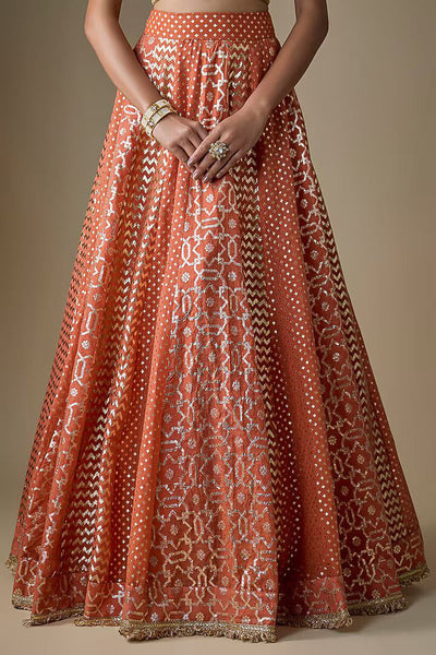 Rust Banarasi Chanderi Embroidered Lehenga Set