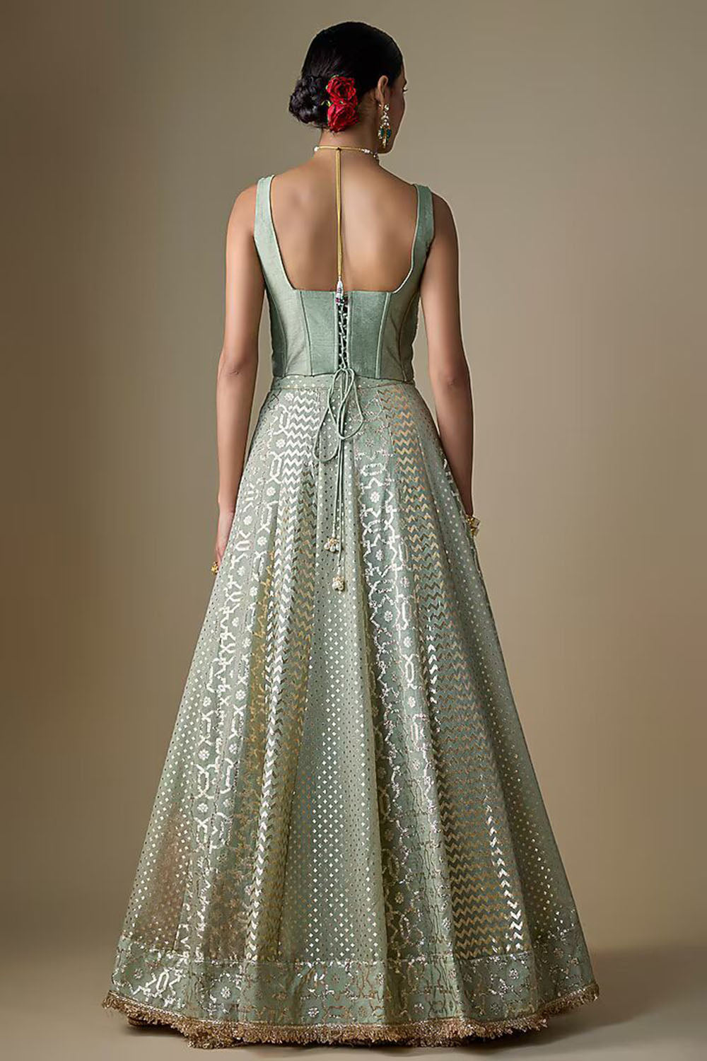 Sea Green Banarasi Chanderi Embroidered Lehenga Set