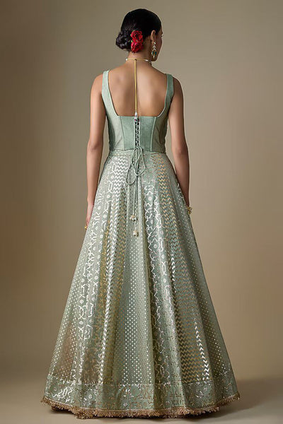 Sea Green Banarasi Chanderi Embroidered Lehenga Set