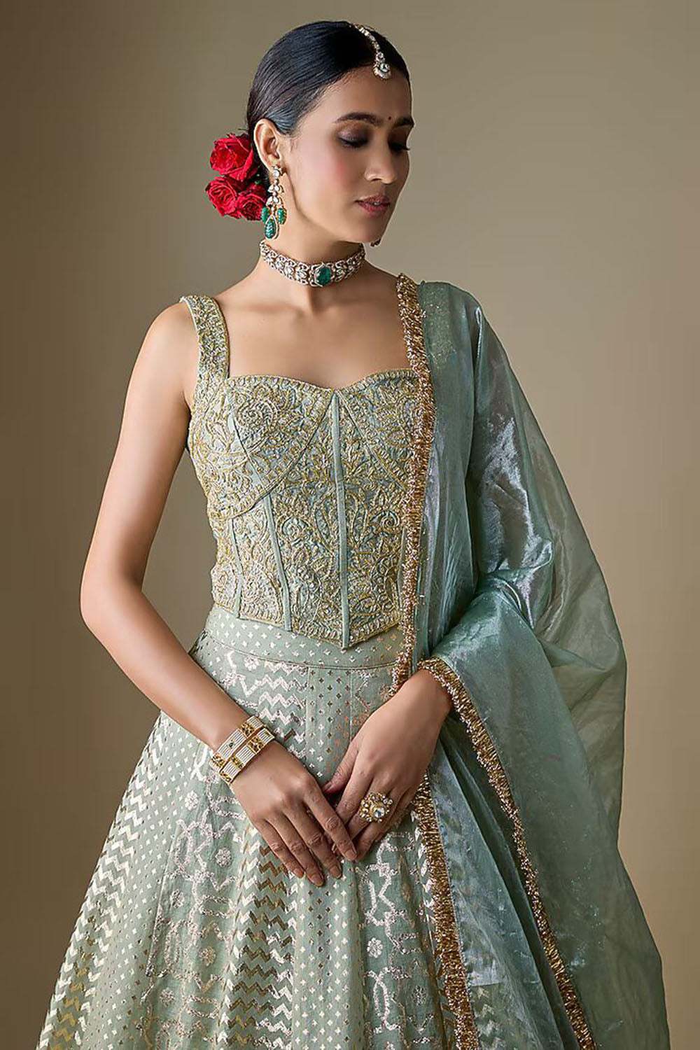 Sea Green Banarasi Chanderi Embroidered Lehenga Set