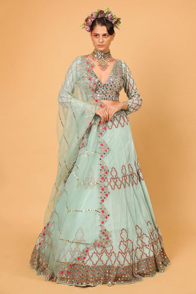 Sky Blue Tulle Mirror Embroidered Lehenga Set