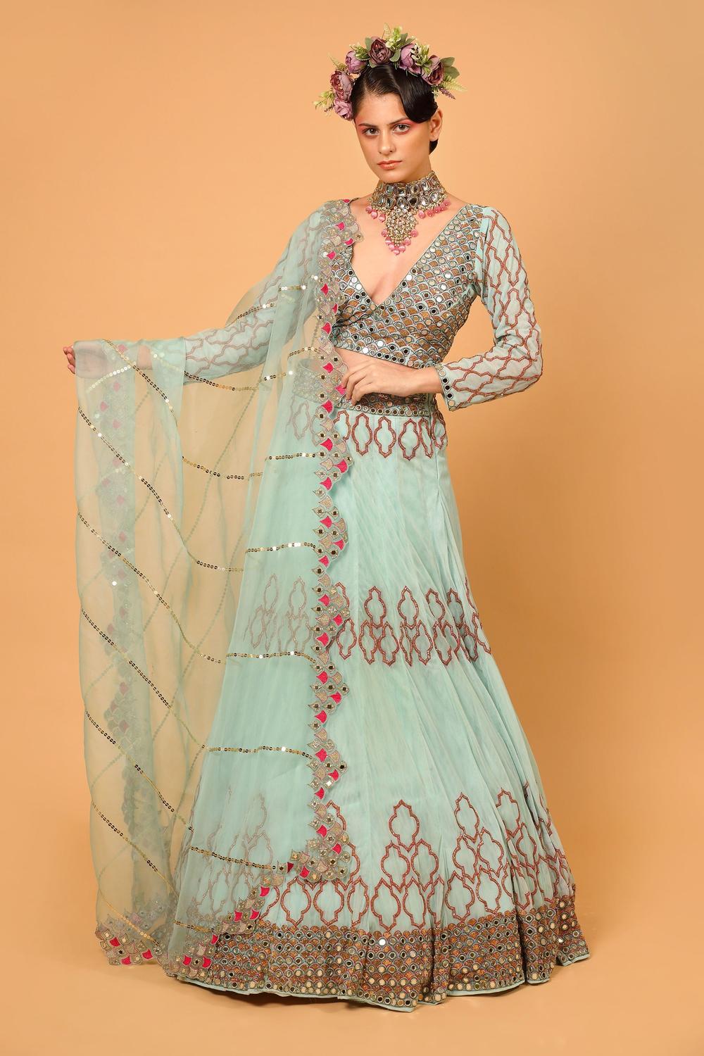 Sky Blue Tulle Mirror Embroidered Lehenga Set